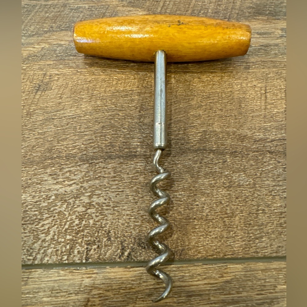 Vtg Wine Bottle Corkscrew Opener Metal With Wooden T-Handle